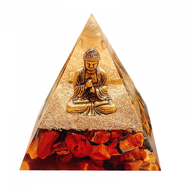 Saefheled Pirámide de orgón de piedra de ojo de tigre natural, pirámide curativa de cristal de orgonita con estatua de Buda incorporada, atrae el éxito de la riqueza, la prosperidad, el equilibrio del chakra utilizado para la meditación y la curación, 6 c