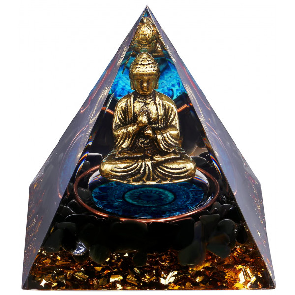 FENGSHUI-CAISHEN Estatua de Buda pequeña en pirámide de orgonita de cristal curativo, obsidiana con estatuilla de Buda bebé, estatua de Buda de escritorio de meditación Reiki Chakra para el hogar, interior y exterior