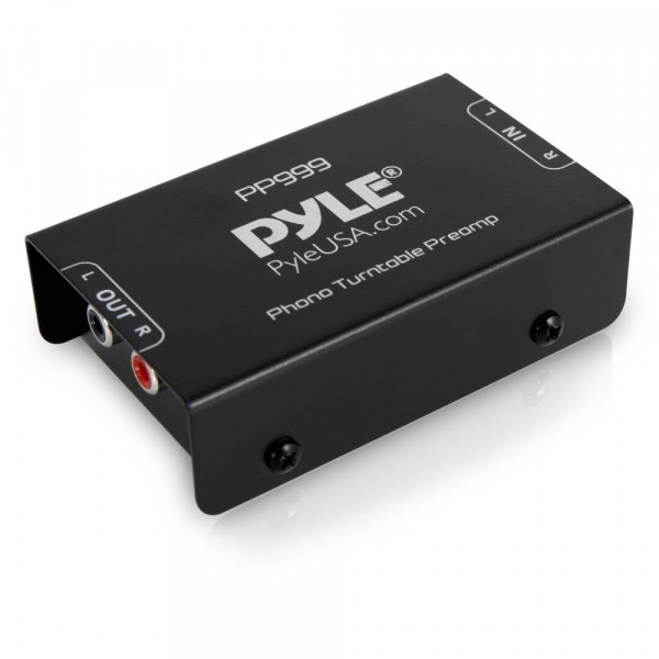 Preamplificador de tocadiscos Pyle Phono - Mini preamplificador de fonógrafo estéreo de audio electrónico con entrada RCA, salida RCA y funcionamiento de bajo ruido alimentado por adaptador de 12 voltios CC - PP999