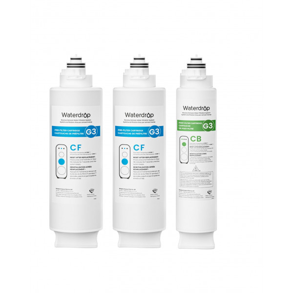 Filtro Waterdrop G3-2CFCB, repuesto para sistema de ósmosis inversa Waterdrop G3-W, G3P600 y G3P800, paquete de 2 filtros G3-N1CF y 1 filtro G3-N3CB, combo de 1 año
