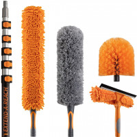 Kit de plumero de alto alcance de 30 pies con poste de extensión de 5 a 24 pies // Kit de limpieza de ventanas y polvo de techos altos con poste telescópico // Lavador y escurridor de ventanas, plumero de telaraña, aspa de ventilador y plumero