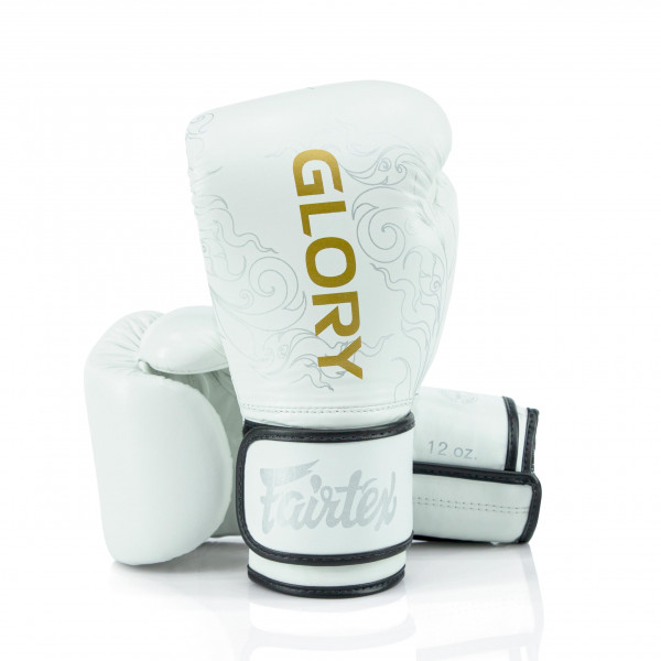 Guantes de entrenamiento Fairtex Glory - Guantes de boxeo y MMA de cuero de primera calidad | Hechos a mano en Tailandia - Acolchado de espuma que absorbe los golpes | Ideal para kickboxing, sparring y competición (blanco/dorado - BGVG3, 14 oz)
