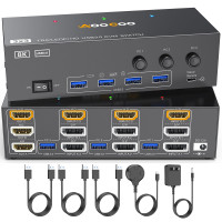 Conmutador KVM HDMI DP 8K 3 monitores 3 computadoras, 8K@60Hz/4K@144Hz Conmutadores KVM de triple monitor para 3 computadoras que comparten 3 monitores, teclado y mouse, con cables USB, controlador y adaptador de corriente