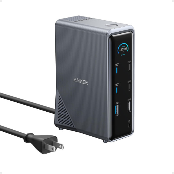 Estación de acoplamiento Anker Prime, 14 puertos con salida máxima de 160 W, transferencia de datos rápida de 10 Gbps, interfaz inteligente en tiempo real, puertos de audio y Ethernet, pantallas duales 4K para Dell, HP, Lenovo y más