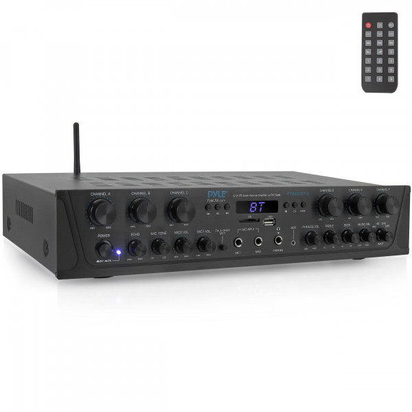Pyle Amplificador de audio para el hogar con Bluetooth - 6 canales 600 vatios de potencia máxima, karaoke con eco, 2 entradas de micrófono con talkover, entrada de auriculares, reproductor de MP3 USB A con lector SD - Hogar, comercial, culto