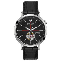 Bulova Reloj clásico Aerojet automático de 3 manecillas con correa de cuero, apertura abierta, reserva de marcha de 40 horas, cristal mineral doble curvado, 41 mm