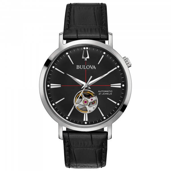 Bulova Reloj clásico Aerojet automático de 3 manecillas con correa de cuero, apertura abierta, reserva de marcha de 40 horas, cristal mineral doble curvado, 41 mm