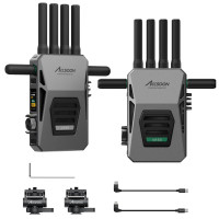 ACCSOON CineView Master 4k Sistema de transmisión de video inalámbrico Transmisor y receptor 2.4+5Ghz+6GHz Transmisión tribanda Resolución 604k Latencia de 25 ms Alcance de 8202 pies 1 cableado + 4 conexiones inalámbricas