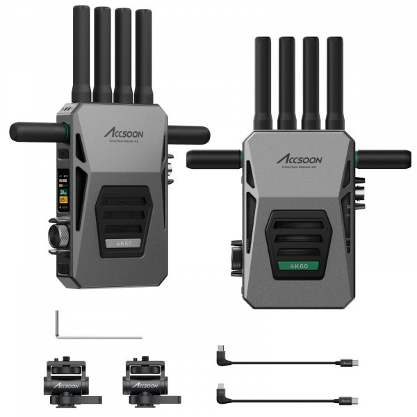 ACCSOON CineView Master 4k Sistema de transmisión de video inalámbrico Transmisor y receptor 2.4+5Ghz+6GHz Transmisión tribanda Resolución 604k Latencia de 25 ms Alcance de 8202 pies 1 cableado + 4 conexiones inalámbricas
