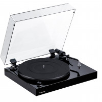 Fluance RT82 Referencia Tocadiscos de vinilo de alta fidelidad con cartucho Ortofon OM10, motor de control de velocidad, zócalo de madera MDF de alta masa, pies de aislamiento de vibración - negro piano