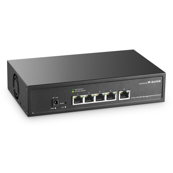 MokerLink Conmutador Administrado de 5 Puertos 10 Gbps, 5 Puertos Ethernet RJ45 10G, 10G/5G/2.5G/1000M/100Mbps, Ancho de Banda de 100Gbps, Conmutador de Red Administrable Web L2 de Metal