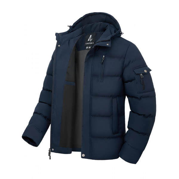 LZACTOIN-X Parkas con capucha para hombre Bubble Extreme Cold Weather Protection Chaqueta térmica resistente a la nieve con múltiples bolsillos aislados Abrigos gruesos para hombres Ropa de invierno al aire libre Azul marino L