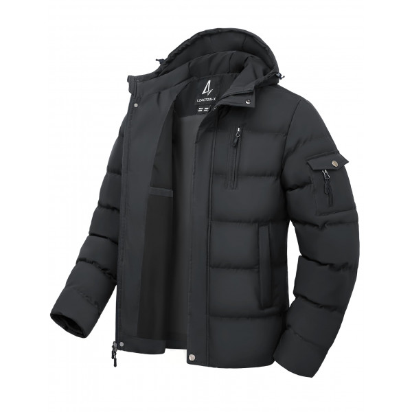 LZACTOIN-X Abrigos cortavientos para hombre para clima frío, chaquetas cortavientos con capucha y aislamiento, chaqueta cortavientos con cremallera bidireccional, chaqueta de burbujas, equipo grueso para exteriores, resistente a la lluvia, gris oscuro, 3X