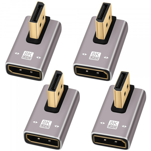Adaptador DisplayPort 1.4 de 8K, adaptador chapado en oro de 90 grados y 270 grados, paquete de 4, convertidor de conector vertical DP macho a hembra de ángulo recto, extensor DP en forma de L, compatible con 8K@60Hz,4K@144Hz,4K@60Hz,4K@30Hz