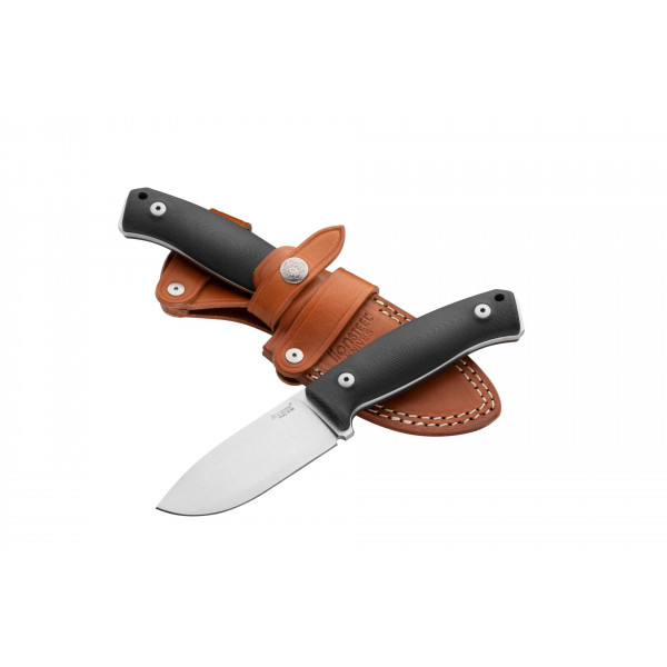 Lion Steel M2M Cuchillo EDC para exteriores con hoja fija, hoja de acero M390, opciones de mango de madera o micarta G10, funda de cuero con doble costura (Negro G10)