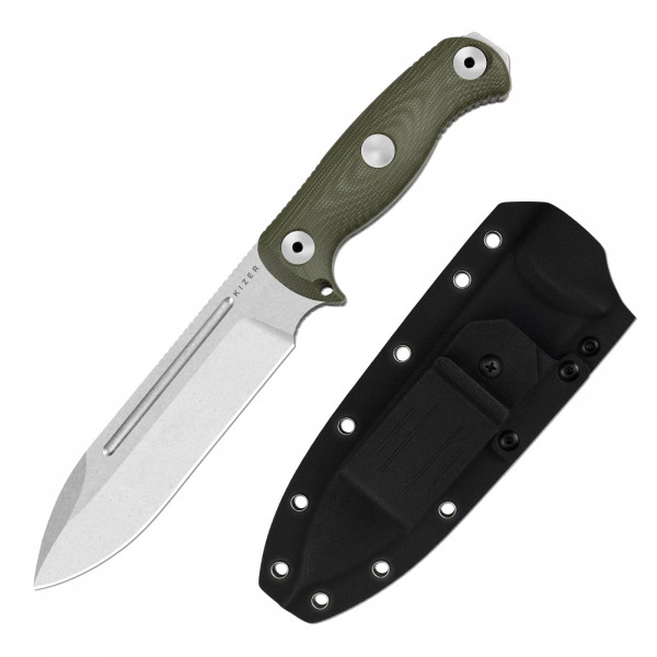 Kizer Drop Bear Fix 7 Cuchillo de hoja fija, cuchillo de caza con hoja AEB-L de 6.51 con mango de micarta verde y pomo de martillo, cuchillos de supervivencia con vaina, cuchillos Bushcraft con clip giratorio, 1103A1