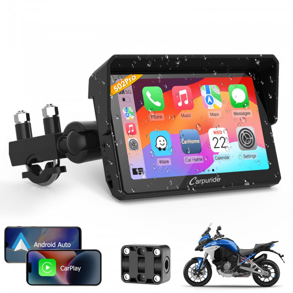 Carpuride W502PRO para motocicleta CarPlay y Android Auto y Bluetooth dual - Pantalla de navegación GPS impermeable de 5 para motocicleta, compartir música, intercomunicador, ecualizador, sensor de luz, brújula, barómetro