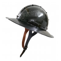 Sombrero medieval de metal con acabado negro y forro de cuero.