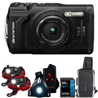OM SYSTEM Olympus Tough TG‑7 Cámara digital subacuática 4K de 12 MP, paquete de seguridad negro con mochila bandolera Deco Essentials, paquete de 2 pulseras Paracord, luz de seguridad y tarjeta SDXC Lexar de 64 GB