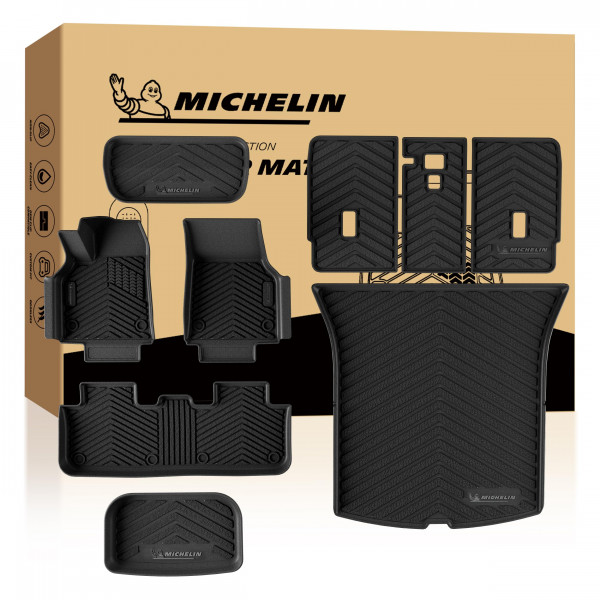 Michelin Juego de alfombrillas para piso y maletero para Tesla Modelo Y Juniper 2025-2026 de 5 plazas, 9 piezas, revestimiento de TPE para todo tipo de clima, no compatible con estándar o 7 plazas, serie Premier Modelo Y Juniper Piso/Frunk/Maletero/Traser