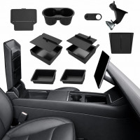 10 bandejas organizadoras de consola central para accesorios Tesla Model Y Juniper 2025 2026, reposabrazos de almacenamiento debajo del asiento, caja de almacenamiento oculta, portavasos, almohadilla de carga para Tesla ModelY Juniper (no compatible con e