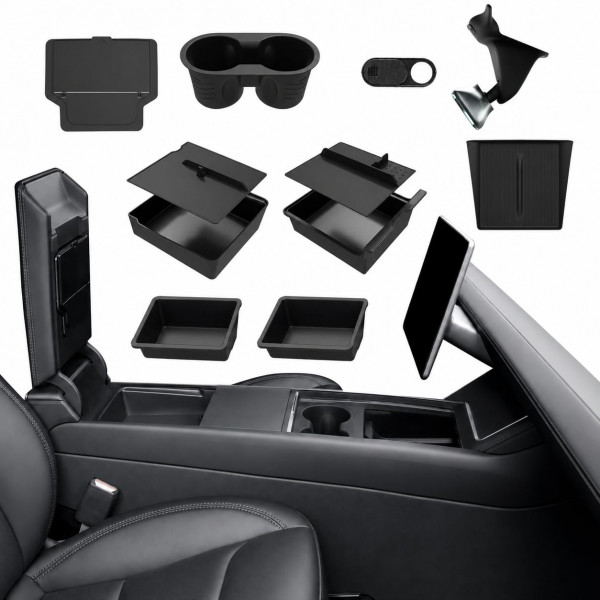 10 bandejas organizadoras de consola central para accesorios Tesla Model Y Juniper 2025 2026, reposabrazos de almacenamiento debajo del asiento, caja de almacenamiento oculta, portavasos, almohadilla de carga para Tesla ModelY Juniper (no compatible con e
