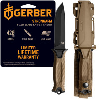 Gerber Gear StrongArm Cuchillo - Hoja fija - Cuchillo táctico para equipo de supervivencia - Espiga completa, hoja de acero 420HC - Cuchillo de supervivencia para acampar - Hecho en Estados Unidos - Borde liso, Coyote Brown