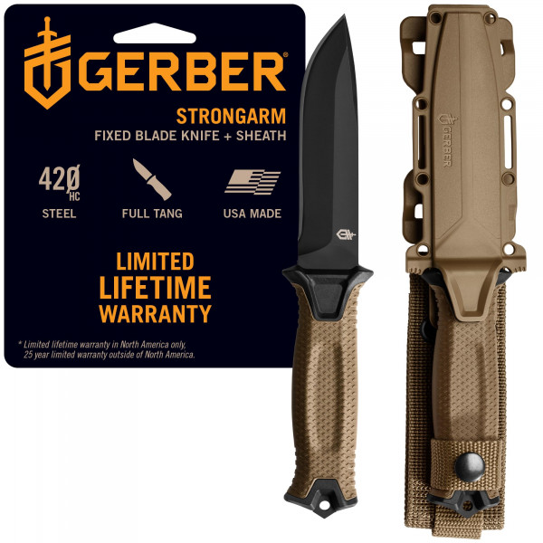 Gerber Gear StrongArm Cuchillo - Hoja fija - Cuchillo táctico para equipo de supervivencia - Espiga completa, hoja de acero 420HC - Cuchillo de supervivencia para acampar - Hecho en Estados Unidos - Borde liso, Coyote Brown