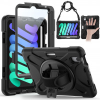 Gerutek Funda para iPad mini 7 (A17 Pro) 2024/Mini 6 2021 de 8,3, Funda a Prueba de Golpes para iPad mini 7/6ª Generación con Protector de Pantalla, Soporte Giratorio de 360°, Correa para Mano/Hombro, Portalápices-Negro