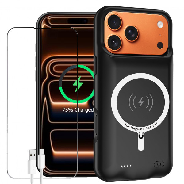 Funda de batería para iPhone 17 Pro Max, funda de carga inalámbrica protectora portátil mejorada de 12000 mAh, compatible con Carplay compatible con iPhone 17 Pro Max (6,9 pulgadas), cubierta de cargador de batería recargable (negro)