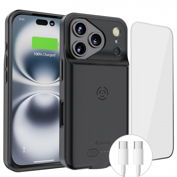 Alpatronix Funda de Batería para iPhone 17 Pro Max, Funda de Cargador Extendida Protectora Fuerte y Delgada Portátil, Carga Rápida de 15W, Alta Capacidad con Estuche de Carga Inalámbrica. Negro