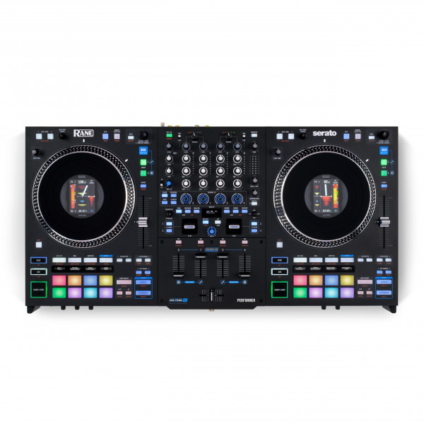 RANE PERFORMER Controlador de DJ motorizado de 4 canales, platos de 7 con pantallas, atenuadores de sensación de precisión, Stem Split, efectos avanzados, Serato DJ Pro incluido