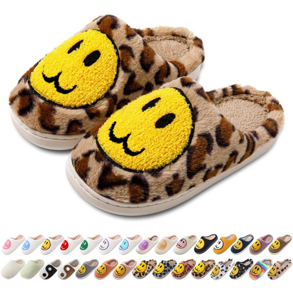 AIMINUO Pantuflas Preppy Happy Face para Mujer y Hombre, cómodas y cálidas Pantuflas de casa sin Cordones para Interiores de Invierno, cojín Suave, Pantuflas Antideslizantes y esponjosas, Color marrón Leopardo, Talla 11-11.5 Mujeres/10-10.5 Hombres