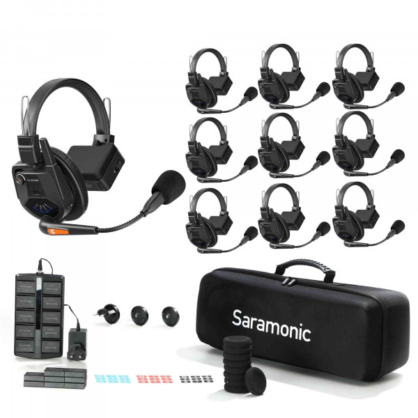 Saramonic WiTalk9-9S Sistema de intercomunicación inalámbrico full-duplex de 1,9 GHz para 9 personas con auriculares de un solo oído, alcance de 500 m, ampliable a 30 usuarios, incluye 18 baterías, cargador de 10 compartimentos y estuche de transporte de 