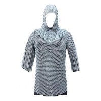 Camisa de cota de malla medieval y conjunto de armadura de cofia y camisa Med Silver