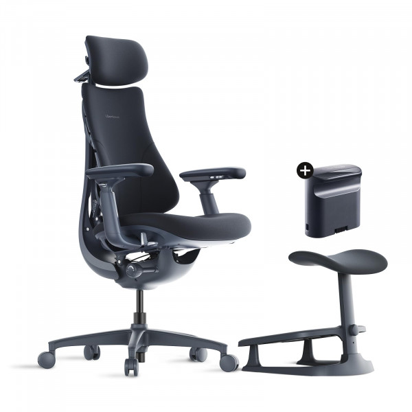 LiberNovo Silla de escritorio ergonómica dinámica + reposapiés + paquete de batería extra recargable: cómoda silla de oficina en casa con soporte lumbar adaptable, reclinación de 160° y estiramiento de columna incorporado, negro+45 cm
