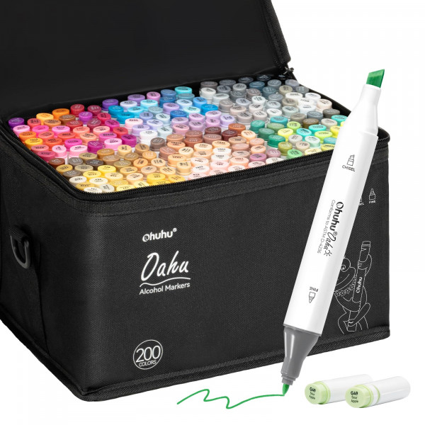 Ohuhu Marcadores de alcohol 200 colores - Juego de marcadores de arte de doble punta con certificación AP para artistas adultos colorear bocetos ilustración - Cincel y puntas dobles finas - Marcadores Oahu de Ohuhu - Recargables