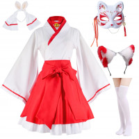 Anime japonés Kimono rojo y blanco Fox Cosplay disfraz peludo máscara de oreja de zorro con calcetines 5XL