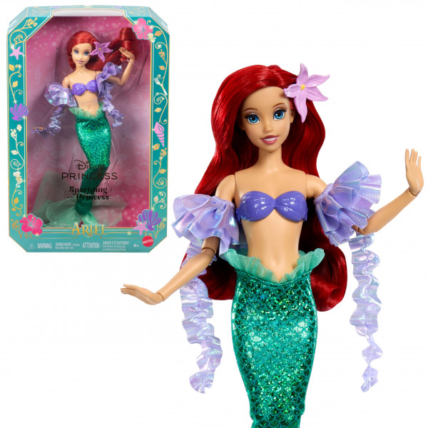 Mattel Disney Princess Mermaid Ariel Sparkling Princess Fashion Doll y accesorio con cola extraíble, mangas y clip de pelo de flor, inspirado en la película