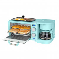 Estación de desayuno retro 3 en 1 Nostalgia - Incluye cafetera para 5 tazas (4 onzas), plancha de cerámica antiadherente y horno tostador de 4 rebanadas - Temporizador incorporado, filtro de café reutilizable, diseño que ahorra espacio - Aqua