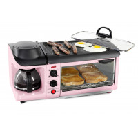 Estación de desayuno 3 en 1 Nostalgia - Incluye cafetera, plancha antiadherente y horno tostador de 4 rebanadas - Máquina de desayuno versátil con temporizador - Rosa