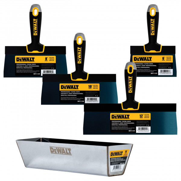 DEWALT Juego de cuchillos para cinta de acero azul y bandeja para barro + BONIFICACIÓN GRATIS Cuchillo de 6 | 8/10/12 pulgadas | Mangos de agarre suave | DXTT-3-164