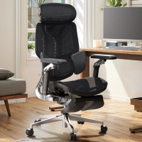 Hbada E3 Silla de Oficina Ultra Ergonómica, Sillas de Oficina Grandes y Altas, con Soporte Lumbar Dinámico de 3 Zonas, Reposabrazos Mecánicos de 360°, Reposacabezas Ajustable 4D, Aleación de Aluminio, Negro