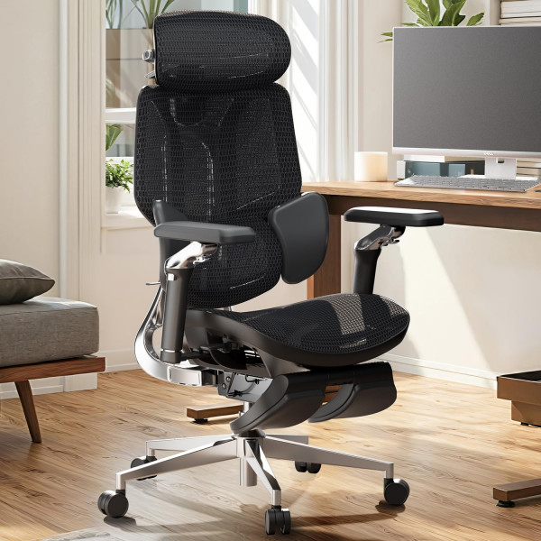 Hbada E3 Silla de Oficina Ultra Ergonómica, Sillas de Oficina Grandes y Altas, con Soporte Lumbar Dinámico de 3 Zonas, Reposabrazos Mecánicos de 360°, Reposacabezas Ajustable 4D, Aleación de Aluminio, Negro