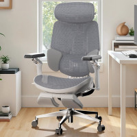 Hbada E3 Silla de Oficina Ultra Ergonómica, Sillas de Oficina Grandes y Altas, con Soporte Lumbar Dinámico de 3 Zonas, Reposabrazos Mecánicos de 360°, Reposacabezas Ajustable 4D, Aleación de Aluminio, Gris