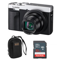 Panasonic LUMIX ZS99 Cámara de apuntar y disparar, cámara compacta para viajes con zoom de 30x con lente de zoom de 24-720 mm y vídeo/foto 4K, ideal para viajes y conciertos, DC-ZS99 + bolsa + tarjeta SD de 32 GB (plata)