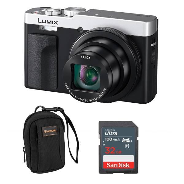 Panasonic LUMIX ZS99 Cámara de apuntar y disparar, cámara compacta para viajes con zoom de 30x con lente de zoom de 24-720 mm y vídeo/foto 4K, ideal para viajes y conciertos, DC-ZS99 + bolsa + tarjeta SD de 32 GB (plata)