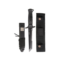 Cuchillo de combate de hoja fija de fuerzas especiales Mil-Tec Black KM2000 | Hoja Tanto robusta de acero 440 de 6.5 con borde dentado parcial | Empuñadura ergonómica con ojal para cinturón de seguridad y rompevidrios en el extremo de la empuñadura