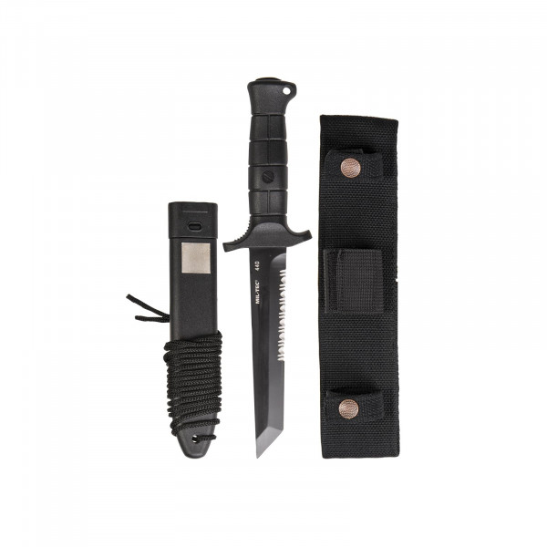 Cuchillo de combate de hoja fija de fuerzas especiales Mil-Tec Black KM2000 | Hoja Tanto robusta de acero 440 de 6.5 con borde dentado parcial | Empuñadura ergonómica con ojal para cinturón de seguridad y rompevidrios en el extremo de la empuñadura