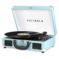 Victrola Journey Reproductor de discos portátil con Bluetooth para maleta, con parlantes incorporados, reproductor de discos de vinilo de 3 velocidades, salida RCA, conector para auriculares (turquesa)